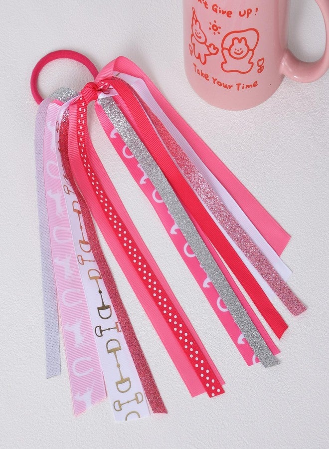 KCHIES 8.7" Equestrian Ponytail Streamer Gift Glitter Pink White Horse Racing Ribbon Elastic Hair Bow Tie Holder for Women Girls Horse Back Riding Competition Shows Game Day Decor Accessory - Image 2